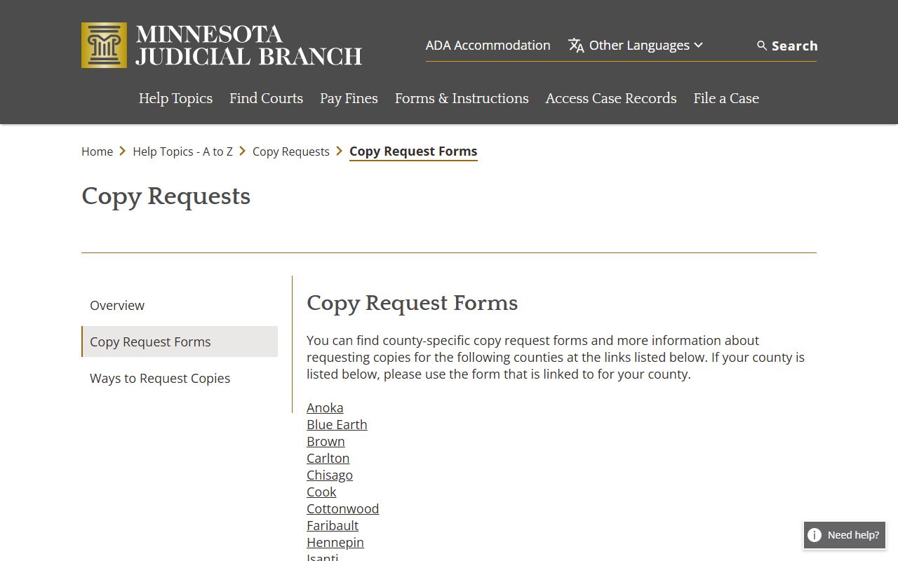 Redwood County court records Judicial Branch copy request