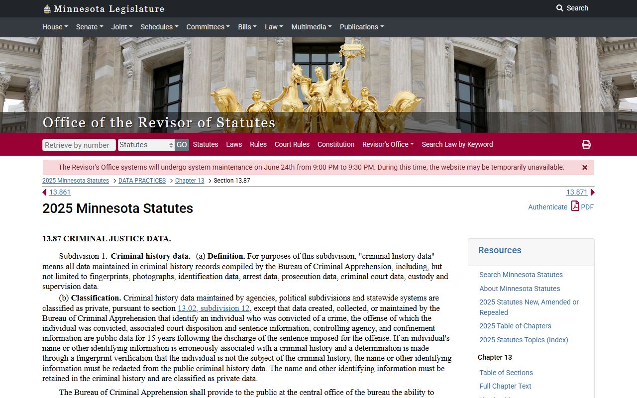 Redwood County criminal court records Minnesota criminal history data statute
