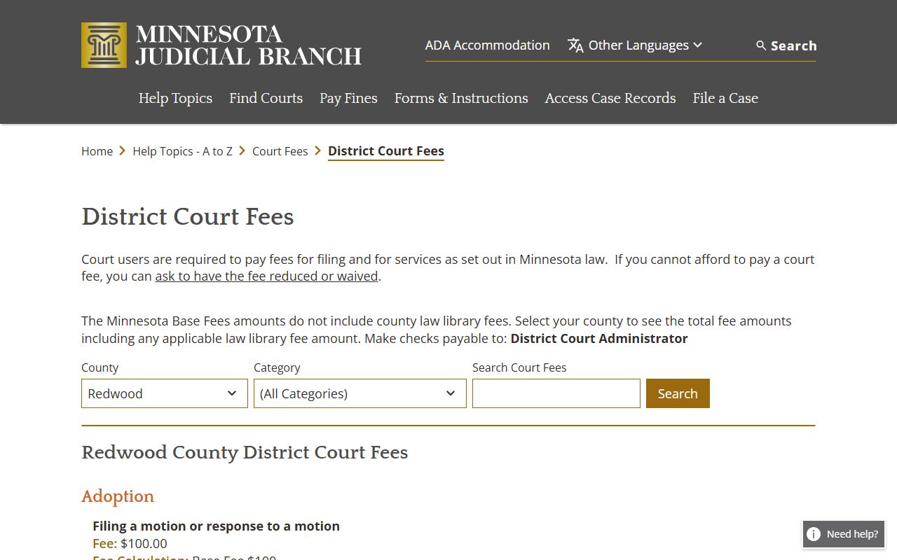 Redwood County District Court fee table