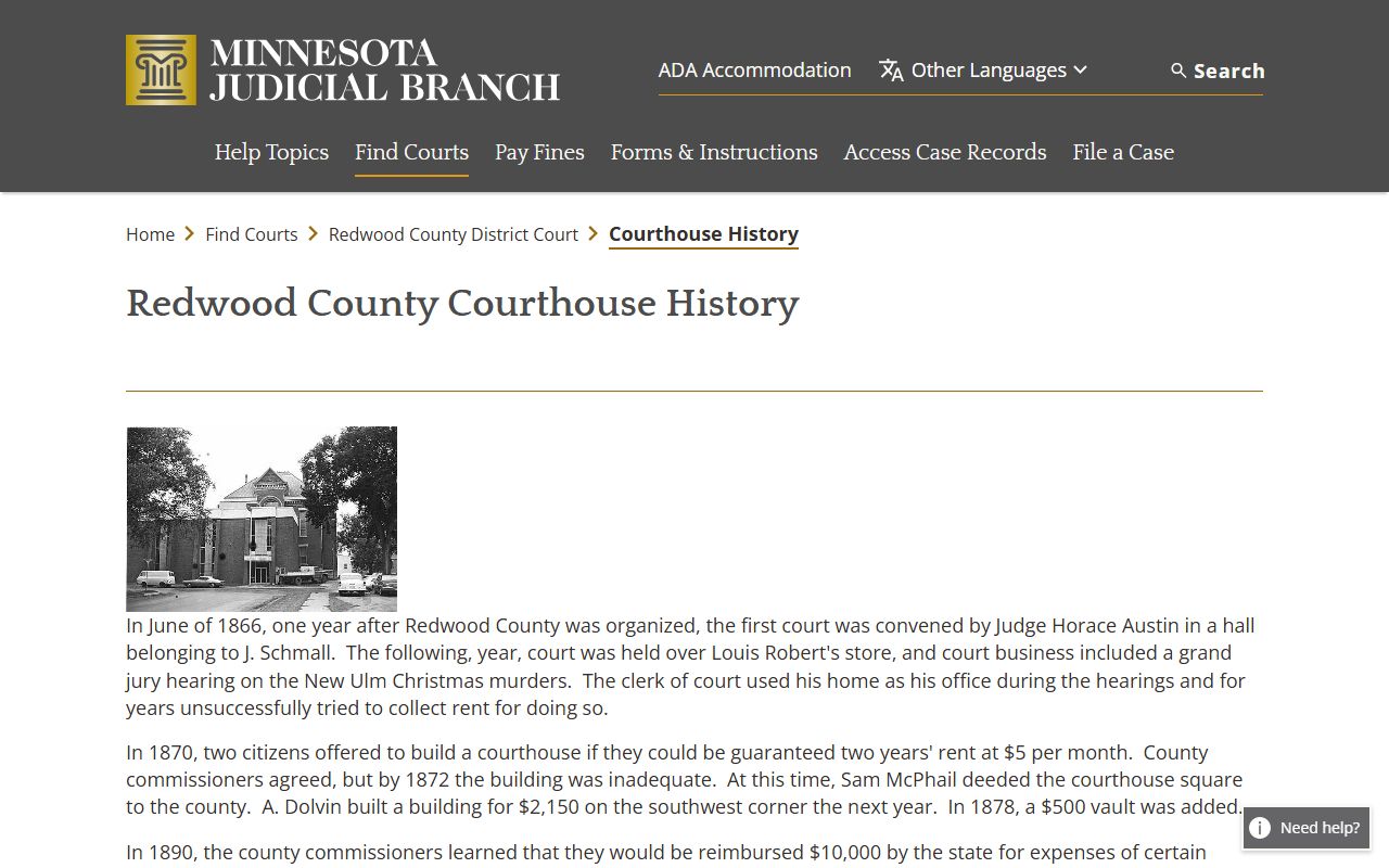 Redwood County court records courthouse history source