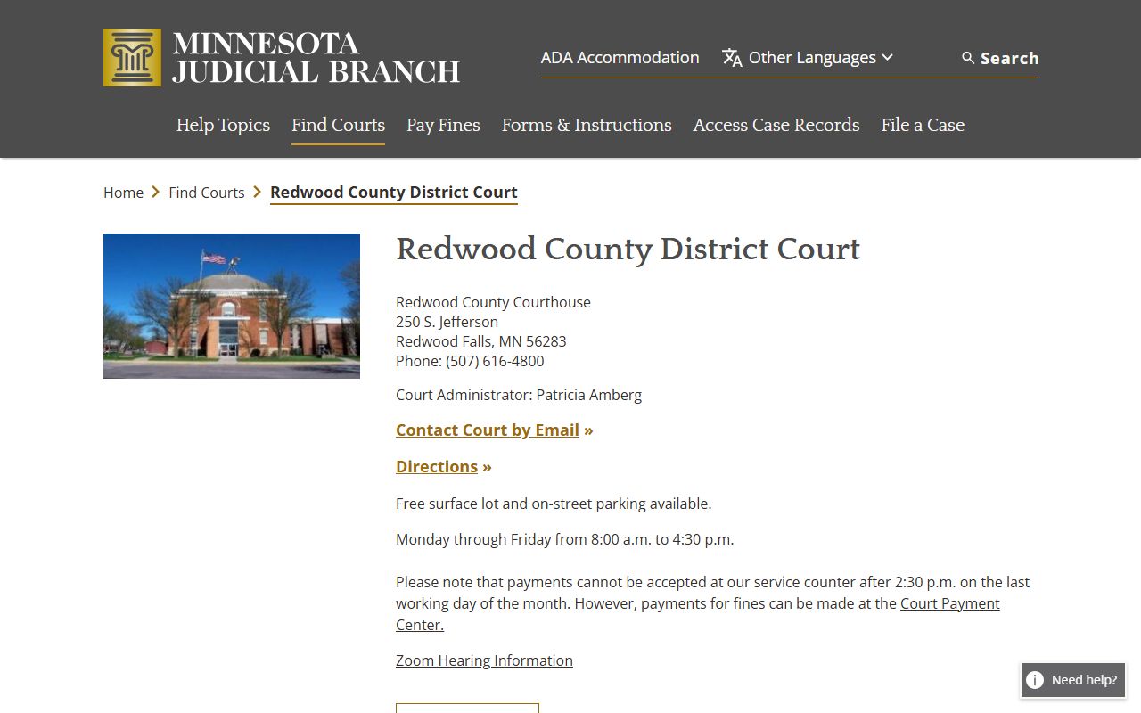 Redwood County court records District Court access page