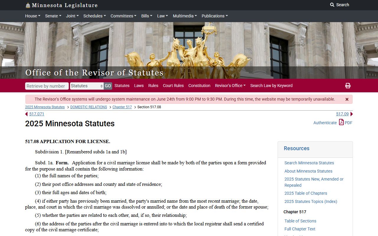 Redwood County marriage records statute for marriage license applications