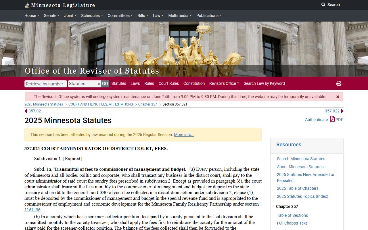 Redwood County probate records court filing fee statute
